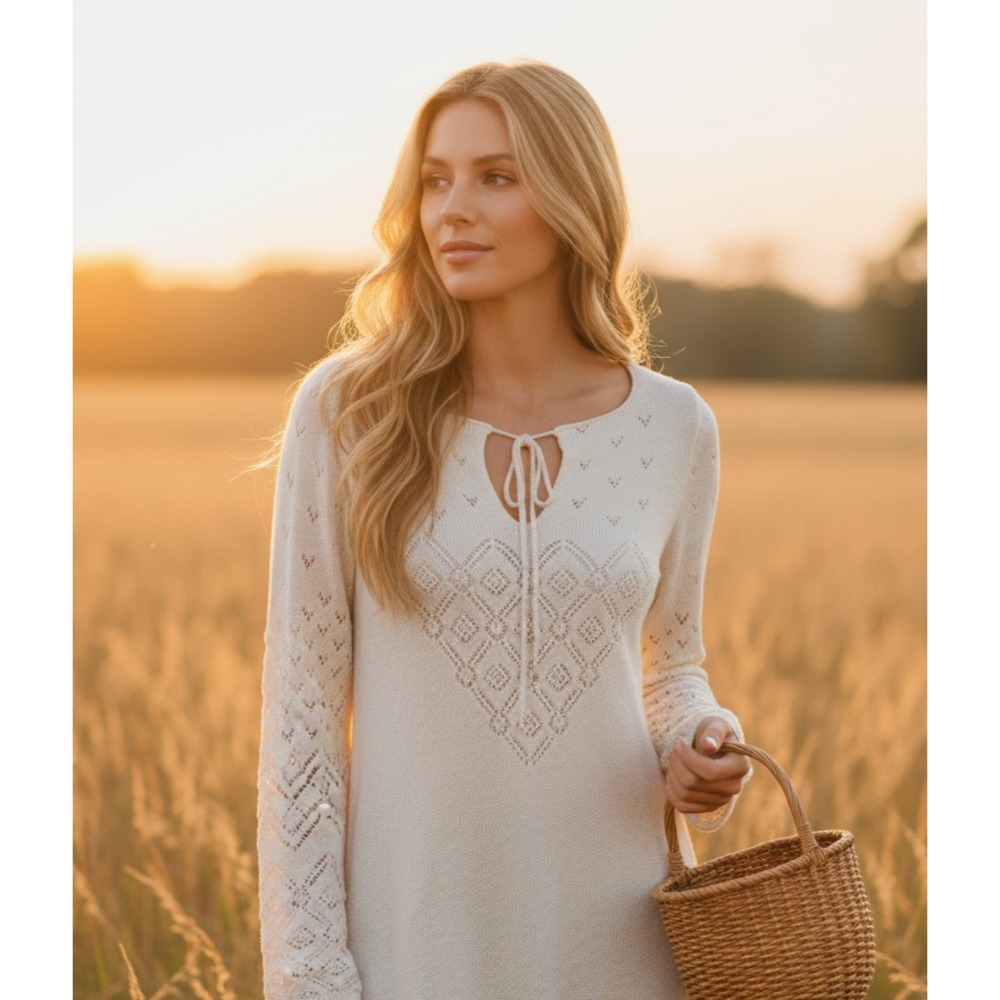 Express M Sweater Beige Cream Lightweight Tie Neck Boho Cottage Whimsy Fairy‎